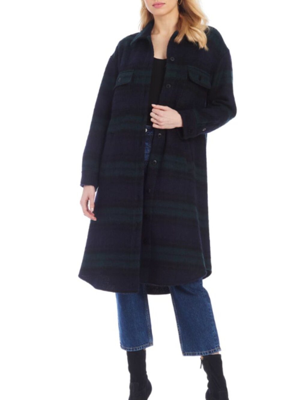 Amanda Uprichard Rubin Shacket Navy & Forest Green Plaid Wool Coat size Medium